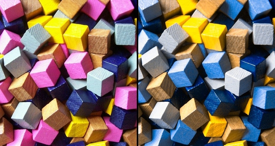 Kłopotliwe kolory - porównanie elementów z gry Calyus przed i po nałożeniu filtra symulującego ślepotę barw.